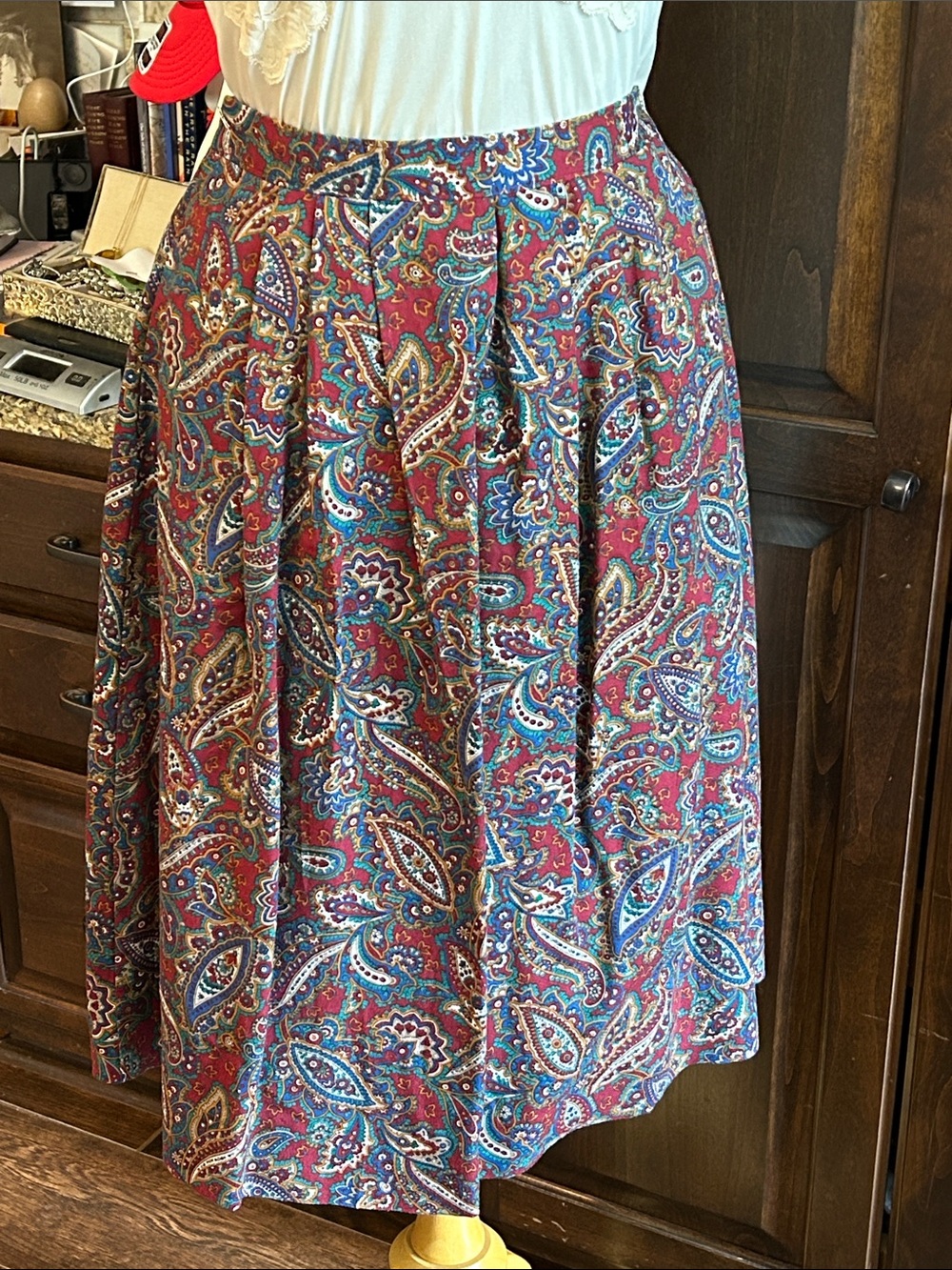 1980’s Selections by Manor House Paisley Midi Skirt in Red and Blue Sz S